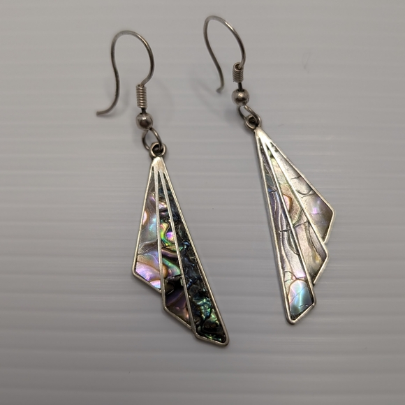 Vintage Taxco Silver and Abalone Shell Fan Earrings - Picture 3 of 16